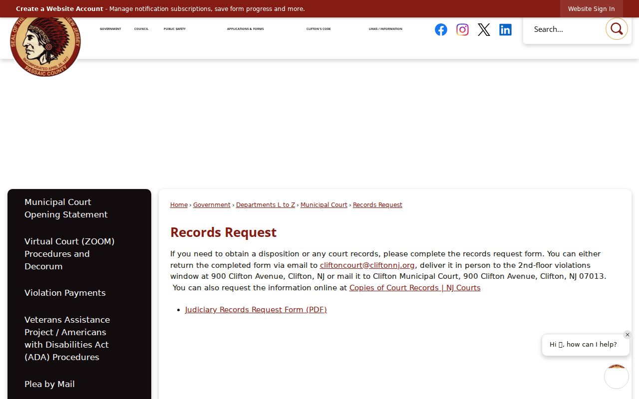 Clifton criminal court records request page