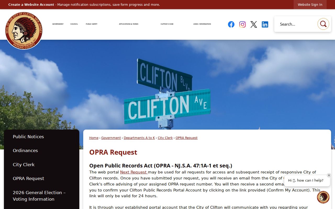 Clifton criminal records OPRA request portal
